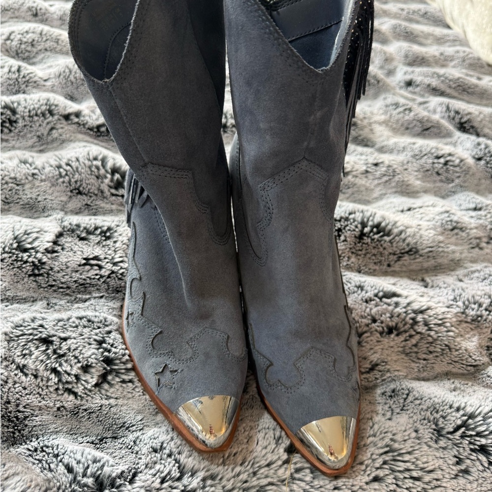 Aldo Blue Suede, Fringe, Heeled Boots with Metallic Toe